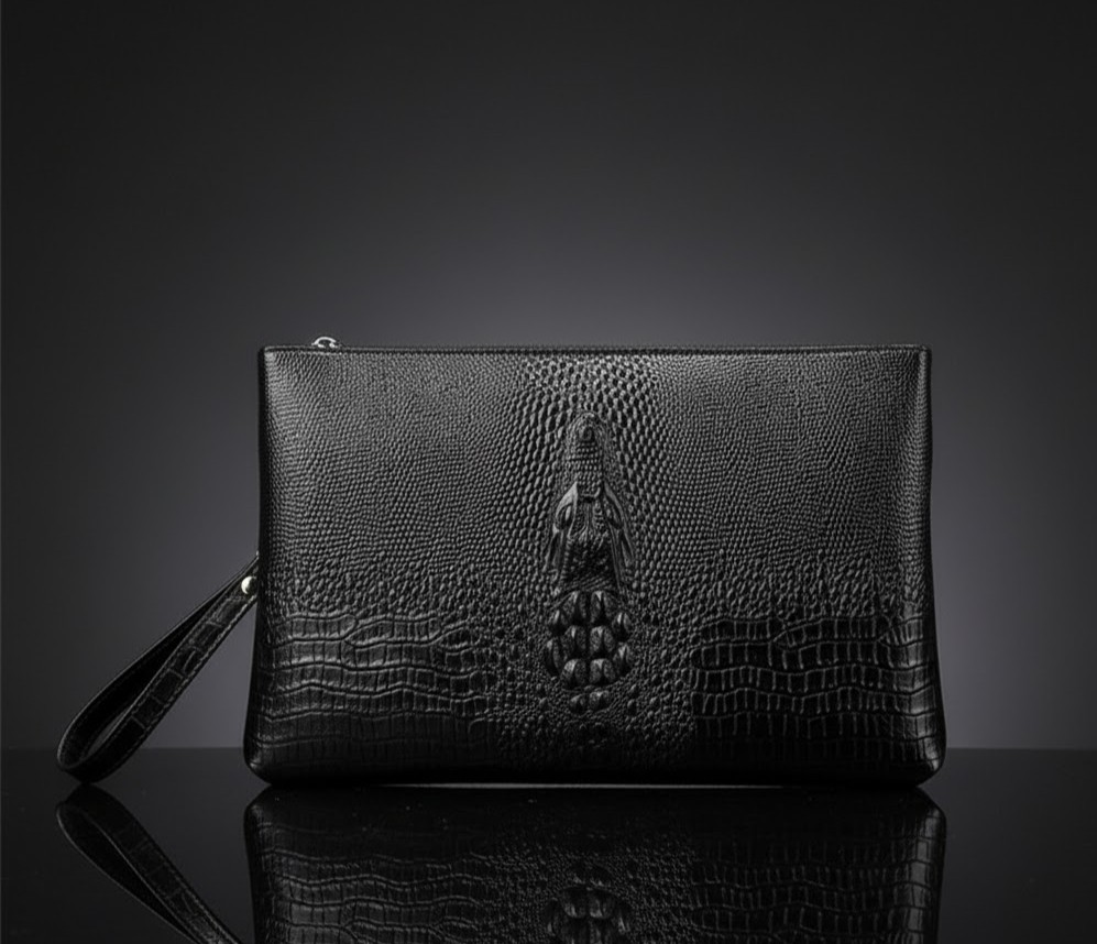 Trendy Crocodile Pattern Soft Leather Clutch Men's Large - black